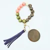 Wooden Beads Wrist Keychain PU Leather Key Ring Leopard Party Wood Bead Bracelet Wristband Bangle with Disk Tassel for Women Wrist2394526