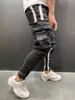 Patchwork Denim Jeans Män Penna Byxor Slim Fit Biker Skinny Ripped Jean Jogger Big Side Pocket Stripe Hip Hop Cargo Byxor C1123