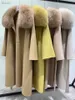 Ihobby جودة عالية 100٪ الصوف النساء كبير الثعلب الفراء طوق الشتاء معطف الأزياء الصوف حزام معطف 201222