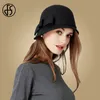 FS Vintage schwarzer Wollfilz Cloche Hut mit Schleife breiter Krempe Bowler Winter Fedoras Damen Gelb Blau Floppy Derby Hüte Kappe Y200102