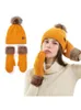 2 pièces femmes hiver fausse polaire doublé chaud câble tricot pompon bonnet chapeau gants ensemble 62KE1