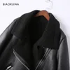 BIAORUINA MotoBiker Style Femmes Lâche Faux Cuir Patchwork Agneau Garder au chaud Veste épaisse Manteau Col rabattu avec ceinture 201226