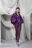 Moda Fioletowy Pant Suit Kobiety Prom Suknie Satin Długie Rękawy Kurtka Koronkowa Appliqued Illusion Frezowanie Spodnie Dostosuj Specjalną okazję Dress