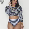 BKNING Plus Size Swimsuit Kobiety Długi Rękaw Bikini Zestaw SwimWear High Paisted Wyściełane Kostiumy kąpielowe 2020 Nowe Paski Monokini1