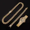 Gouden ketting + horloge + armband hiphop Miami Curb Cubaanse ketting goud vol ijs geplaveide steentjes CZ Bling voor mannen sieraden