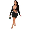 Cutubly solide costume tenue Sexy deux pièces ensemble femmes V profond haut court et Mini jupe ensemble survêtement froncé évider tenue de club