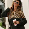 Mulheres Fleece Sweatshirt Inverno Casual Faux Fur Leopardo Patchwork Futebol Feminino Hoodies Quente Turtleneck Zipper Grosso Sherpa Tops T200727