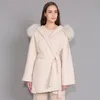 Cashmere Jacket Women Detachable Fox Fur Collar Wool Blend Coat and Jacket Belt Ladies Autumn Winter Cashmere Overcoat LJ201106