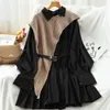 Sweet Suit Women Japan Single Breasted Turn-Down Collar Pleated Dress +Oregelbundet dragskoskakat Väst tvådelar Set PL548 220210