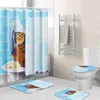 Cute Cat Bathing Bathroom Polyester Shower Curtain Pedestal Rug Lid Toilet Cover Bath Mat Set Waterproof w/12 Hooks Bath Decor T200711