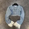 DEAT ATUMN NYCKRIVALER Långt tofs ärmstruvor Single Button Denim Kort jackethigh midja full jeans Tvåverk Set Women Mk359 201119