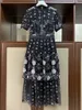 New arrive women lace dress round collor short sleeve female black flower midi dress T200113
