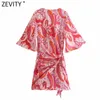 Zevity Women Vintage V Neck Totem Floral Print Pleat Knotted Kimono Mini Dress Female Chic Short Sleeve Vestidos DS8399 220210