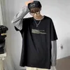 Coton Automne Faux Deux Pièces T-shirt À Manches Longues Pour Hommes Étudiants De Style Coréen Lâche Vêtements À La Mode Jeunes Vêtements Pour Hommes G1222