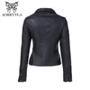 AORRYVLA nueva primavera otoño mujer Moto Biker chaqueta con cremallera Turn Down Collar negro PU chaqueta de cuero de imitación Slim Lady abrigo básico 201028