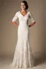 Ivory Vintage Lace Mermaid Modest Wedding Dresses With Half Sleeves V Neck Elbow Sleeves Length Temple Wedding Gowns Vestido De Noiva