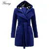 Yming Frauen Wnter doppelt breasted Erbsen Langarm Mantel Mittlere Länge Outwear Trench Check Hood Coat 201028