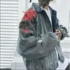 Spring Men's Clothing Denim Jacket 3D Rose Flower Embroidery Vintage Frayed Hole Coats High Street Hip Hop Outerwear 201128