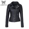 AORRYVLA nueva primavera otoño mujer Moto Biker chaqueta con cremallera Turn Down Collar negro PU chaqueta de cuero de imitación Slim Lady abrigo básico 201028