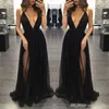 Nouveau Modeste Haute Couture Noir Sexy Robes De Bal Col En V Profond Dos Nu Côté Split Dos Nu Robes De Tulle Tenue De Soirée Robes De Tapis Rouge