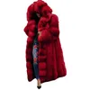 Kvinnors vinter faux päls x-lång fluffig tjock varm päls plus storlek kappa kvinna röd parkas huva nalle kall dagjacka