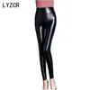 Hiver PU taille haute faux cuir chaud polaire leggings pour pantalons de velours grandes femmes LJ201104