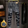 Mens inverno engrossar jeans de lã estiramento fino fitble azul jeans jeans quentes para homens designer macio marca longa calças jean