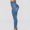 MONERFFI Femmes Jeans Taille Haute Élastique Skinny Denim Long Crayon Pantalon Plus Taille Boutons Jeans Camisa Feminina Trou Pantalon 201105