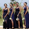 Синий африканский темно-синий плюс размер трапециевидной формы платья подружки невесты на одно плечо с высоким разрезом по бокам свадебное платье для гостей платья подружки невесты Vestidos
