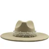 9.5cm Breim Fedora Hat Мужчины женщин имитация шерстяных фломащих шляпы простой британский стиль супер большие края панама с жемчужным поясом