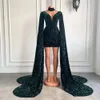 Retro Dark Green Velvet krótkie sukienki balowe błyszczące cekinowe długie okłady mini formalna sukienka arabski ASO EBI V Neck Kobiety wieczorowe Party Suknie Vestidos de Festa CL0043