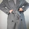 UK Spring design Women Simple Wool Maxi Long Coat Robe Slim fit overcoat Casual coat with belt Grey 201215