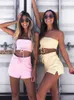 Pink Women Summer Strapless Crop Festival Top+Shorts 2 Piece Set Pink Yellow Tie Hoodie Casual Outfit Solid Comfort Lounge Set G220311