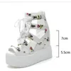 Hot Sale-hee Grand Flower Decoration 2018 Women Wedge Sandals High Heel Lace-Up Sandals bär kvinnliga semesterskor