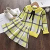 Bear Leader Kids Girl Knitted Winter Suit Skirt Fashion Check Stripe College Style Ruffles Cute Vestidos Children Clothes Y220310