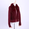 Kvinnors Äkta Real Rabbit Fur Fox Fur Collar Knitting Sleeve Kvinnors Vinterrock Fur Jacka Casual Short Outwear Slim 201031