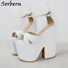 Sorbern White Cross Wide Strap Sandaler Block High Heel Spännen Tjock Platform Chunky Heeled Summer Style