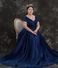 New Royal Blue V-neck Ball-Gown Cap-sleeves Satin Floor-length Custom Made Mother's Dresses with Ruffles