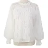 Dingaozlz nova moda mulheres lace blusa coreia costura costura de malha tops elegante lanterna manga branca chiffon camisa blusa lj200831