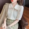 여성용 블라우스 셔츠 2021 여성 한국어 달콤한 중공 우아한 칼라 패션 사무실 숙 녀 반팔 솔리드 셔츠 세련된 진주 단추
