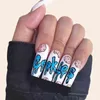 False Nails 24pcs Long Coffin False Nails Blue Diamond Design Artificial Ballerina Fake with Glue Full Cover Nail Tips Press on 220225