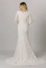 2021 Vintage Koronki Syrenka Skromne Suknie Ślubne Długie Rękawy Okrągły Klejnot Neck Perły Powrót Eleganckie LDS Religijne Suknie Ślubne Bride Dress