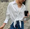 Toppies witte katoenen linnen tops blouses Koreaanse kaki shirts met lange mouwen trekkoord taille oversized tops 201201
