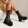 Winter Sexy Gesp Vrouwen Mid Calf Laarzen Leren Blok Hak Gothic Black Punk Style Platform Schoenen Vrouwelijke Schoenen Maat 35-42 201217