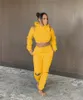 Novo plus size 2X outono inverno mulheres sweatsuits pulôver com capuz colheita top calças duas peças conjunto de roupas de cor sólida manga comprida fatos de treino pretos 3999