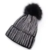 Berets Lawliet Winter Hats Faux Fur Pom Rhinestone Bling Style Women Beanies High Quality Warm Knitted Hat Ladies Skull Cap A469339e