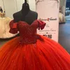 Abiti classici Puffy Boho maniche corte Quinceanera per Sweet 16 ragazze pizzo che borda la spalla Bling Tulle Corsetto indietro Pageant Gown