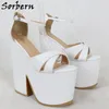 Sorbern White Cross Wide Strap Sandaler Block High Heel Spännen Tjock Platform Chunky Heeled Summer Style