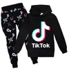 Tik Tok Set för Big Boy Girl TrackSuit Kläder Höst Vinter TikTok Kid Hooded Sweatshirt + Print Pant 2 PC Outfit Barn Sport kostym