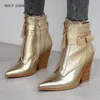 Designer-ny guld orm print ankel stövlar för kvinnor kile högklackat kvinna bana design chunky botas mujer western boot